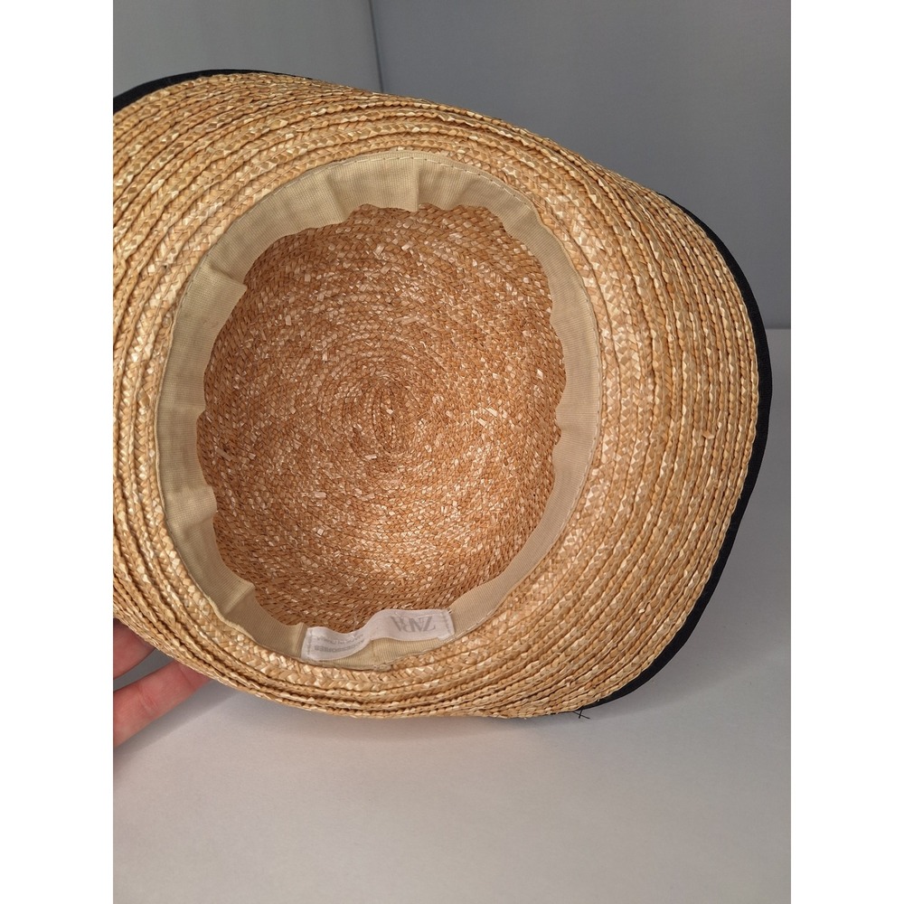 ZARA Straw Fedora Hat Black Ribbon Band Classic Style - Picture 6 of 7